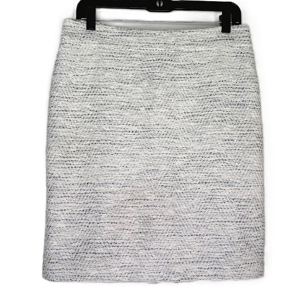 Ann Taylor Nubby Straight Skirt Textured Lined Pencil Blue & Cream Slit EUC Sz 8